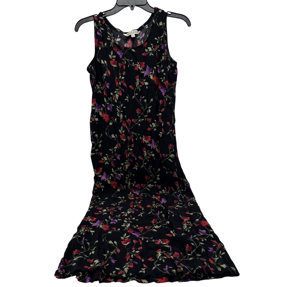 Uniform John Paul Richard Black Floral Rayon Maxi Dress Sleeveless Vintage L